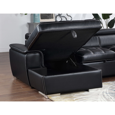 Canapé couchage en forme de U avec lit remontable et rangement Chaise salon et appuie-tête réglable, cuir noir respirant