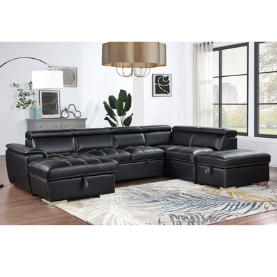 Canapé couchage en forme de U avec lit remontable et rangement Chaise salon et appuie-tête réglable, cuir noir respirant
