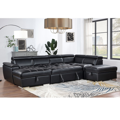 Canapé couchage en forme de U avec lit remontable et rangement Chaise salon et appuie-tête réglable, cuir noir respirant