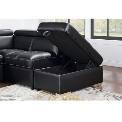 Canapé couchage en forme de U avec lit remontable et rangement Chaise salon et appuie-tête réglable, cuir noir respirant