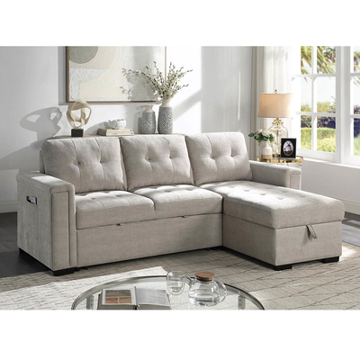 Canapé couchage réversible en forme de L avec lit retractable et rangement, chenille gris chaud