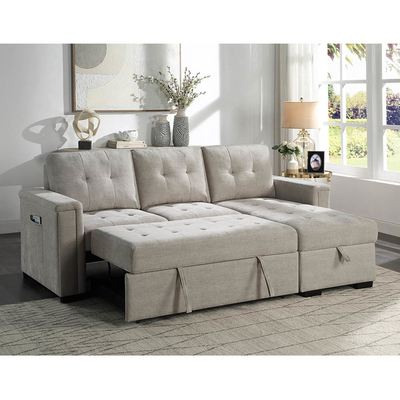 Canapé couchage réversible en forme de L avec lit retractable et rangement, chenille gris chaud