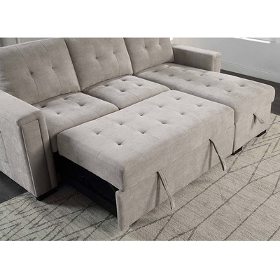 Canapé couchage réversible en forme de L avec lit retractable et rangement, chenille gris chaud