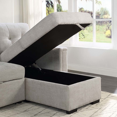 Canapé couchage réversible en forme de L avec lit retractable et rangement, chenille gris chaud