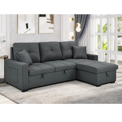 Canapé couchage en forme de L avec lit et rangement, en tissu gris neutre