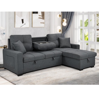 Canapé couchage en forme de L avec lit et rangement, en tissu gris neutre