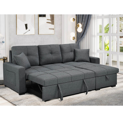 Canapé couchage en forme de L avec lit et rangement, en tissu gris neutre