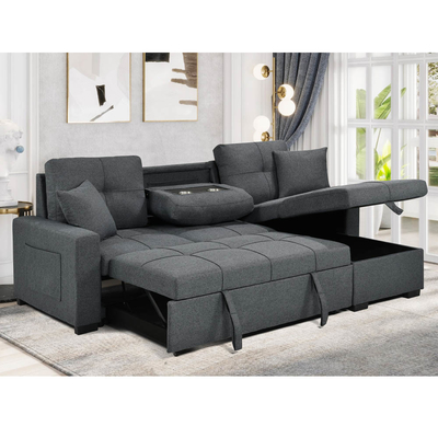 Canapé couchage en forme de L avec lit et rangement, en tissu gris neutre