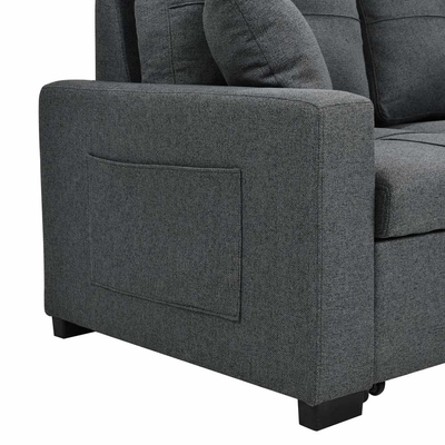 Canapé couchage en forme de L avec lit et rangement, en tissu gris neutre
