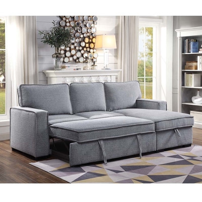 Canapé couchage en forme de L avec lit et rangement, chenille grise