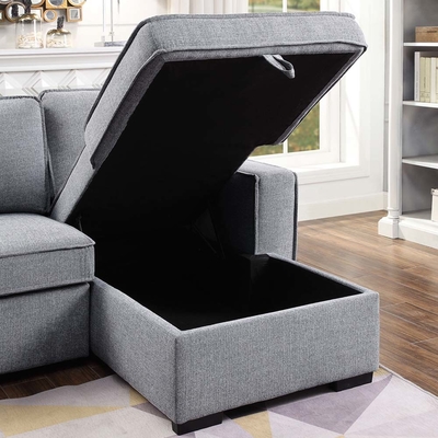 Canapé couchage en forme de L avec lit et rangement, chenille grise