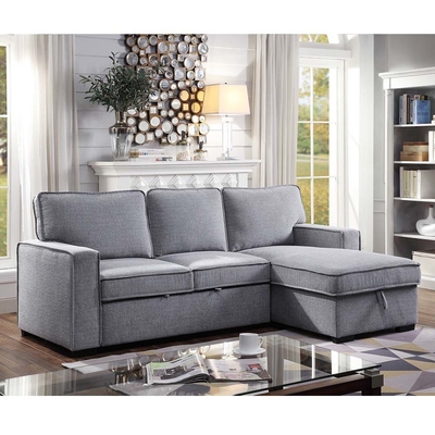 Canapé couchage en forme de L avec lit et rangement, chenille grise