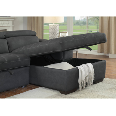 Canapé couchette en forme de L avec lit rétractable et appuie-tête réglable et chaise de rangement, en tissu nubuck de graphite