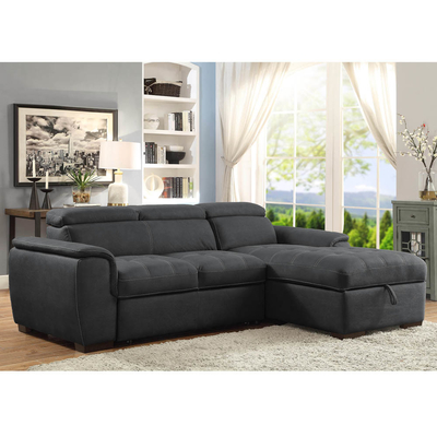 Canapé couchette en forme de L avec lit rétractable et appuie-tête réglable et chaise de rangement, en tissu nubuck de graphite