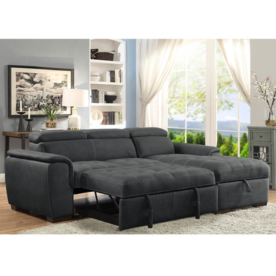 Canapé couchette en forme de L avec lit rétractable et appuie-tête réglable et chaise de rangement, en tissu nubuck de graphite