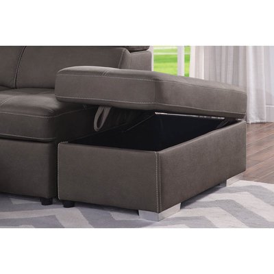Canapé couchette en forme de U avec lit et rangement à étirer Chaise salon et repose-tête réglable, tissu nubuck brun-gris