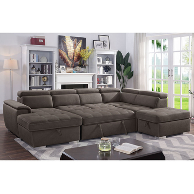 Canapé couchette en forme de U avec lit et rangement à étirer Chaise salon et repose-tête réglable, tissu nubuck brun-gris