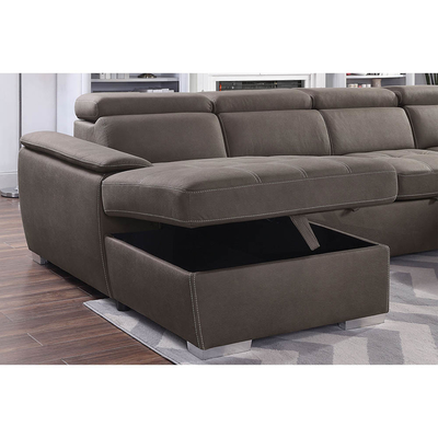 Canapé couchette en forme de U avec lit et rangement à étirer Chaise salon et repose-tête réglable, tissu nubuck brun-gris