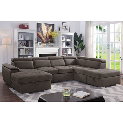 Canapé couchette en forme de U avec lit et rangement à étirer Chaise salon et repose-tête réglable, tissu nubuck brun-gris