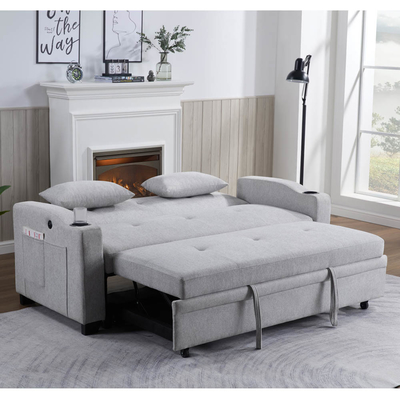 Lit de canapé convertible de taille queen, lit confortable avec dossier réglable et port de charge USB et porte-gobelets, lit de canapé Futon, tissu gris