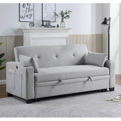 Lit de canapé convertible de taille queen, lit confortable avec dossier réglable et port de charge USB et porte-gobelets, lit de canapé Futon, tissu gris