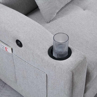 Lit de canapé convertible de taille queen, lit confortable avec dossier réglable et port de charge USB et porte-gobelets, lit de canapé Futon, tissu gris