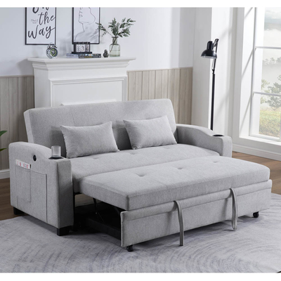 Lit de canapé convertible de taille queen, lit confortable avec dossier réglable et port de charge USB et porte-gobelets, lit de canapé Futon, tissu gris