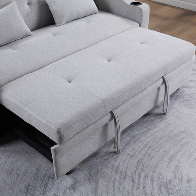 Lit de canapé convertible de taille queen, lit confortable avec dossier réglable et port de charge USB et porte-gobelets, lit de canapé Futon, tissu gris