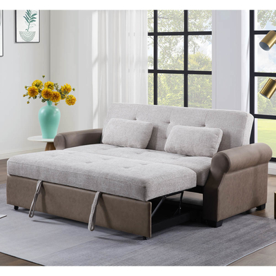 Lit de canapé convertible de taille queen, lit confortable avec dossier réglable, lit de canapé Futon, tissu gris et tissu brun foncé