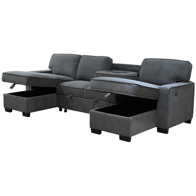 Canapé couchette en forme de U avec lit et fauteuil de rangement et port de charge USB et 1 table déroulante réversible, chenille grise
