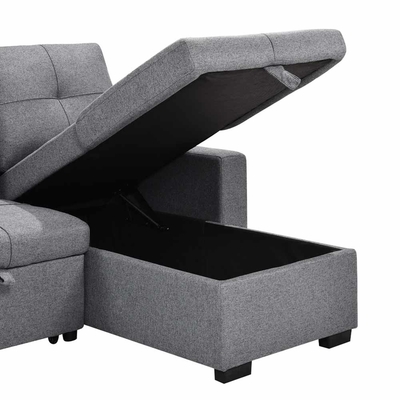 Canapé couchage en forme de L avec lit et rangement, en tissu gris