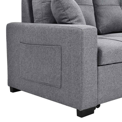 Canapé couchage en forme de L avec lit et rangement, en tissu gris