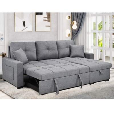 Canapé couchage en forme de L avec lit et rangement, en tissu gris