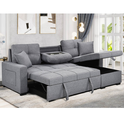 Canapé couchage en forme de L avec lit et rangement, en tissu gris