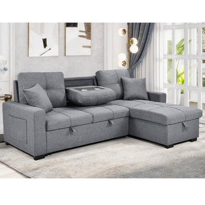 Canapé couchage en forme de L avec lit et rangement, en tissu gris