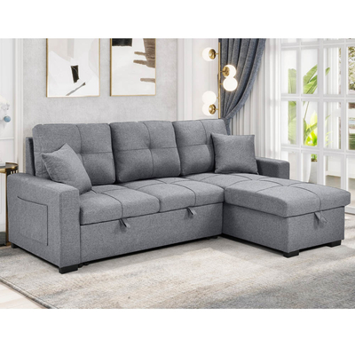 Canapé couchage en forme de L avec lit et rangement, en tissu gris