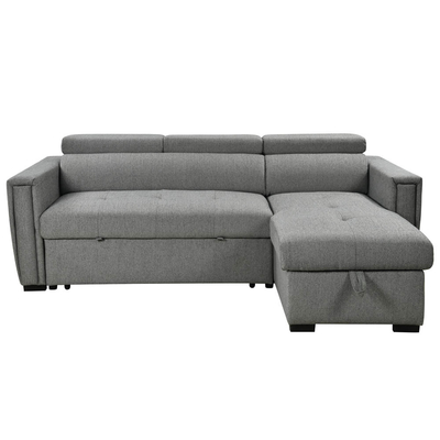 Canapé couchage réversible en forme de L avec lit et rangement rétractables et ports de recharge USB, chenille grise métallique