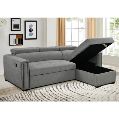 Canapé couchage réversible en forme de L avec lit et rangement rétractables et ports de recharge USB, chenille grise métallique