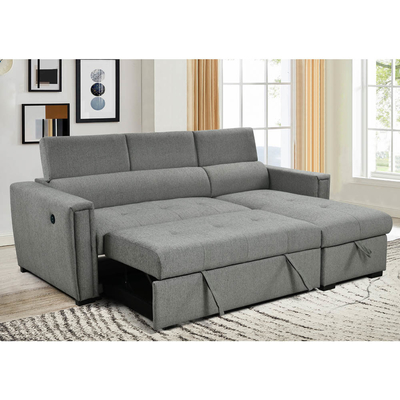 Canapé couchage réversible en forme de L avec lit et rangement rétractables et ports de recharge USB, chenille grise métallique