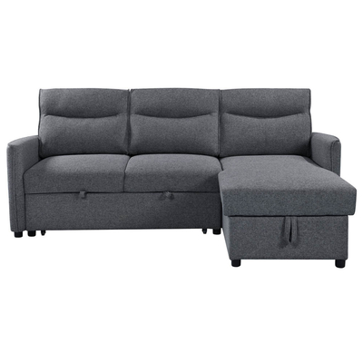 Canapé couchage en forme de L avec lit et rangement, en tissu gris neutre