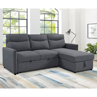 Canapé couchage en forme de L avec lit et rangement, en tissu gris neutre