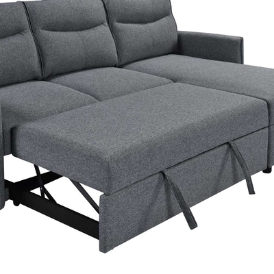 Canapé couchage en forme de L avec lit et rangement, en tissu gris neutre