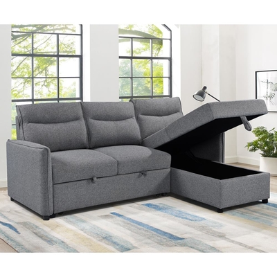Canapé couchage en forme de L avec lit et rangement, en tissu gris