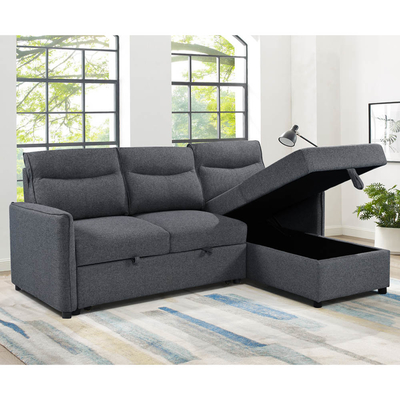 Canapé couchage en forme de L avec lit et rangement, en tissu gris neutre