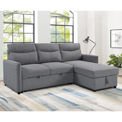 Canapé couchage en forme de L avec lit et rangement, en tissu gris