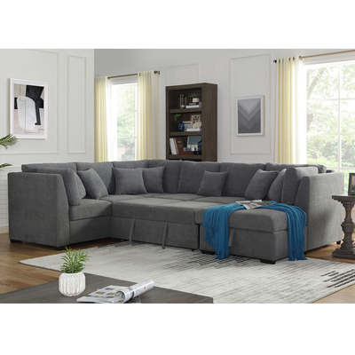 Canapé couchette en forme de U avec lit et rangement à étirer Chaise-salon, tissu de lin gris