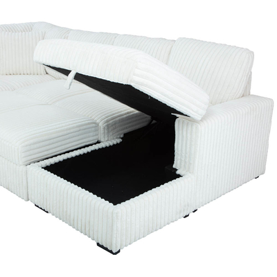 Canapé couchage en forme de U avec lit et rangement à étirer Chaise de salon et port de recharge USB, tissu de corduroy beige
