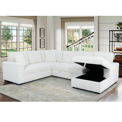 Canapé couchage en forme de U avec lit et rangement à étirer Chaise de salon et port de recharge USB, tissu de corduroy beige