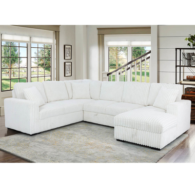 Canapé couchage en forme de U avec lit et rangement à étirer Chaise de salon et port de recharge USB, tissu de corduroy beige