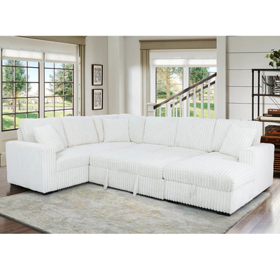 Canapé couchage en forme de U avec lit et rangement à étirer Chaise de salon et port de recharge USB, tissu de corduroy beige
